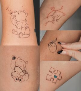 Tatuagem minimalista de personagens e símbolo