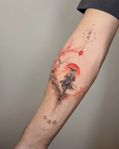 Tatuagem Samurai com sol vermelho e flores