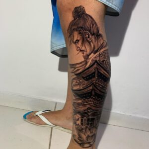 Tatuagem Samurai perna destaque templo bonito