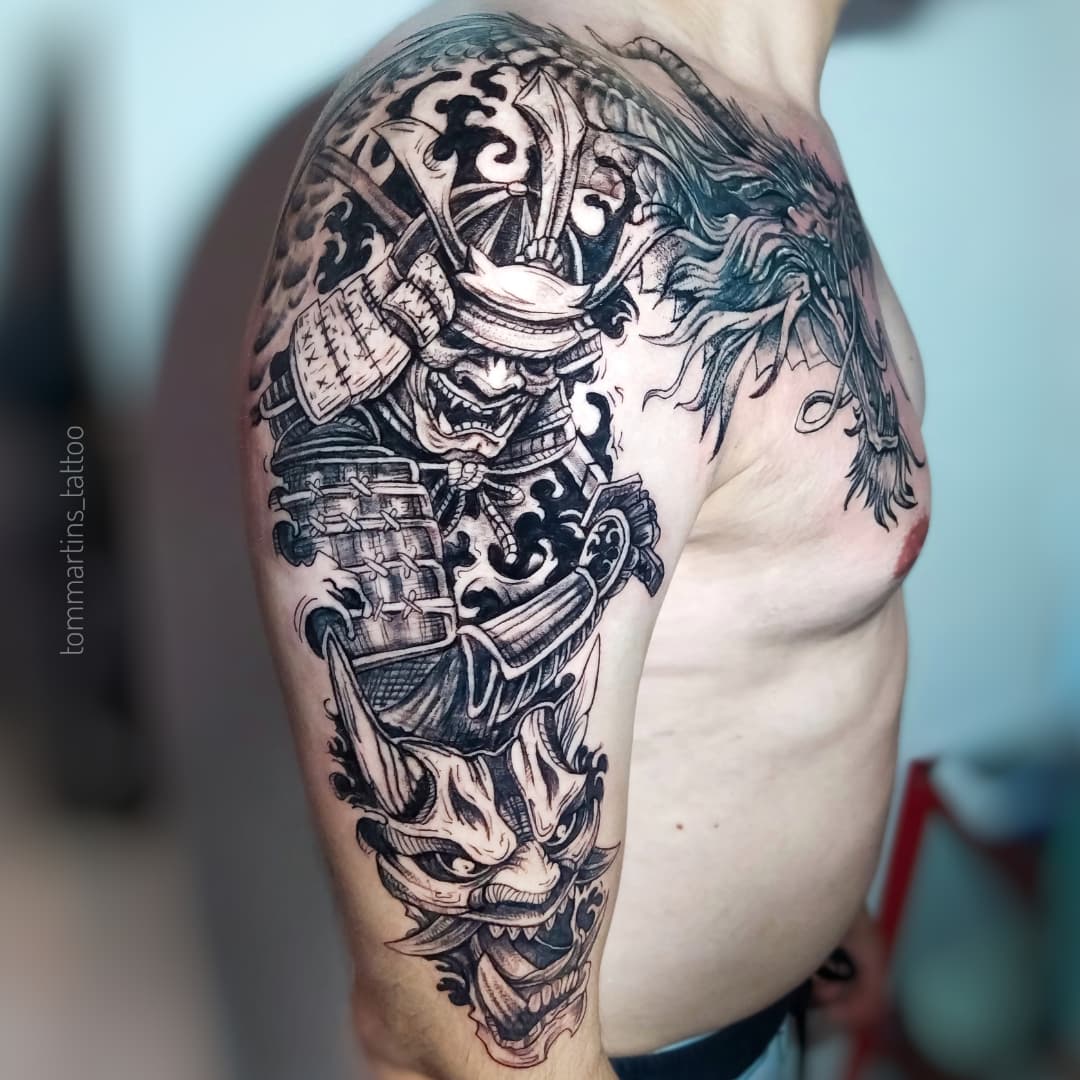 Tatuagem Samurai com Dragao no ombro