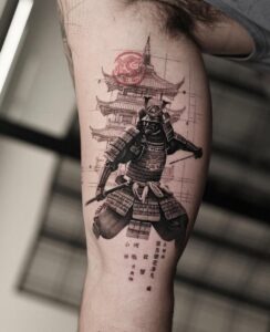 Tatuagem Samurai templo no braço