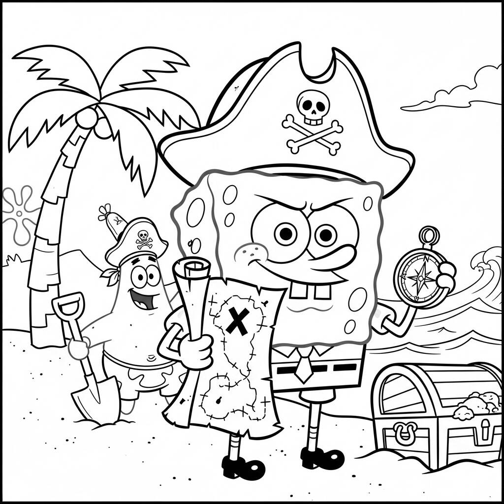 Bob Esponja e a Caca ao Tesouro (Desenho para Colorir)