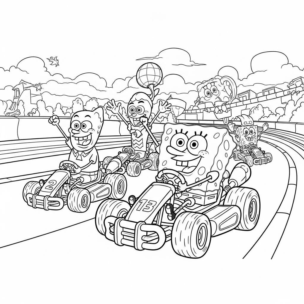 Bob Esponja e a Corrida de Carros (Desenho para Colorir)