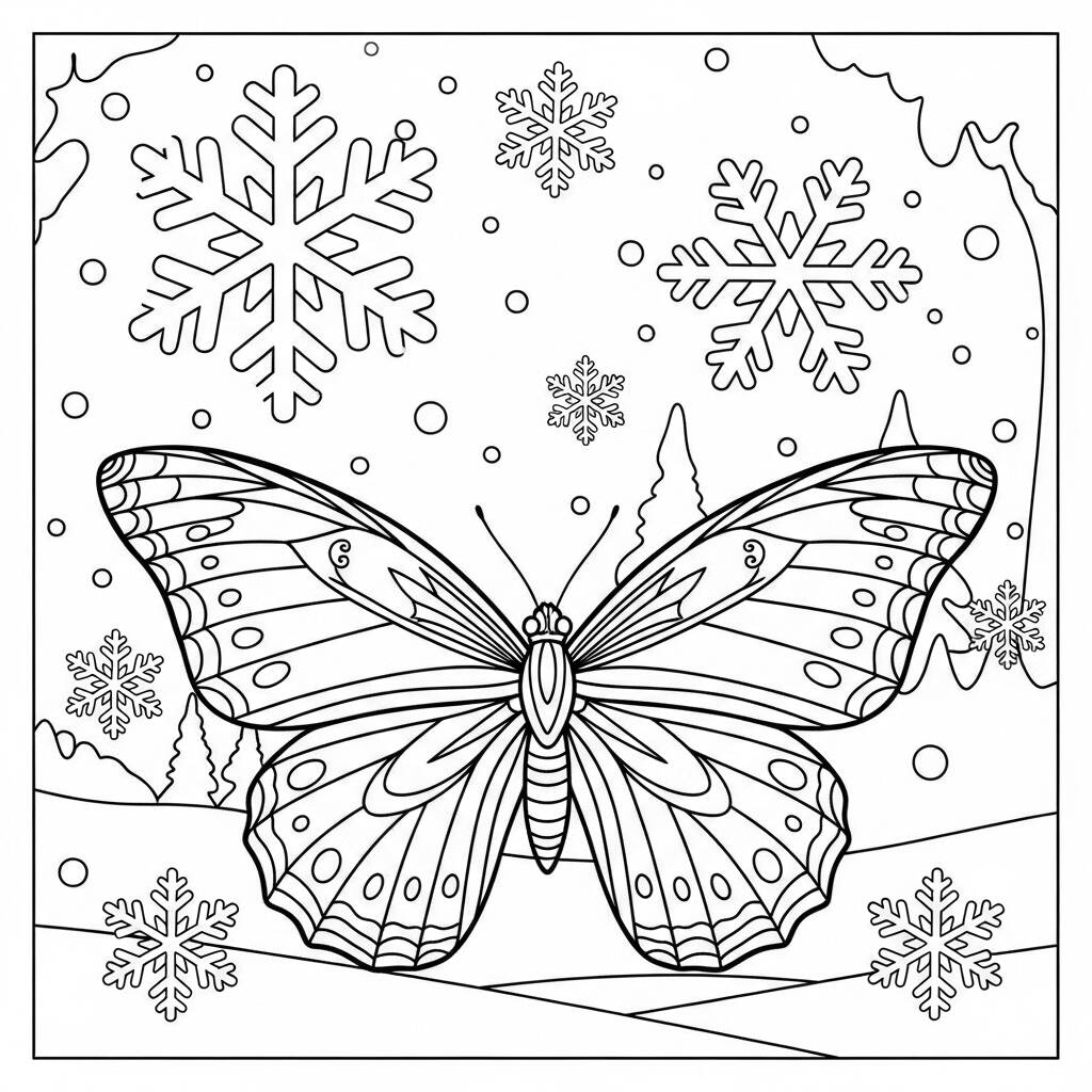 Borboleta e Flocos de Neve (Desenho para Colorir)