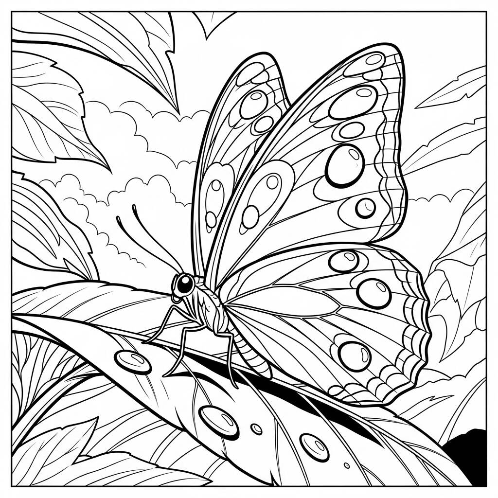 Borboleta e Gotas de Orvalho (Desenho para Colorir)