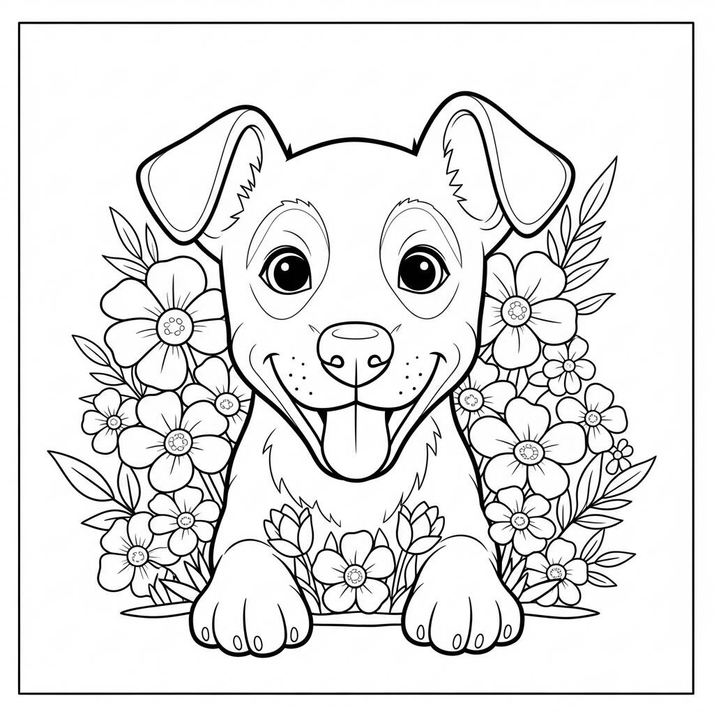 Cachorrinho Kawaii Com Flores (Desenho para Colorir)