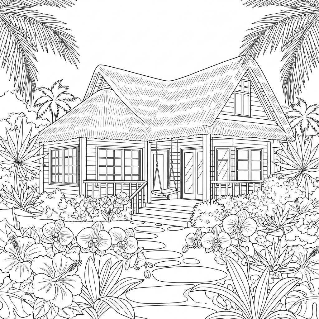 Casa de Estilo Tropical (Desenho para Colorir)