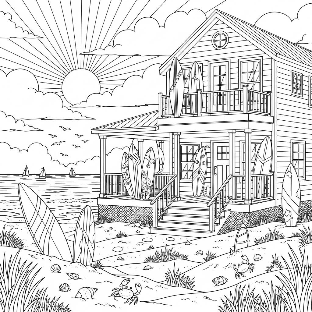 Casa de Verao na Praia (Desenho para Colorir)