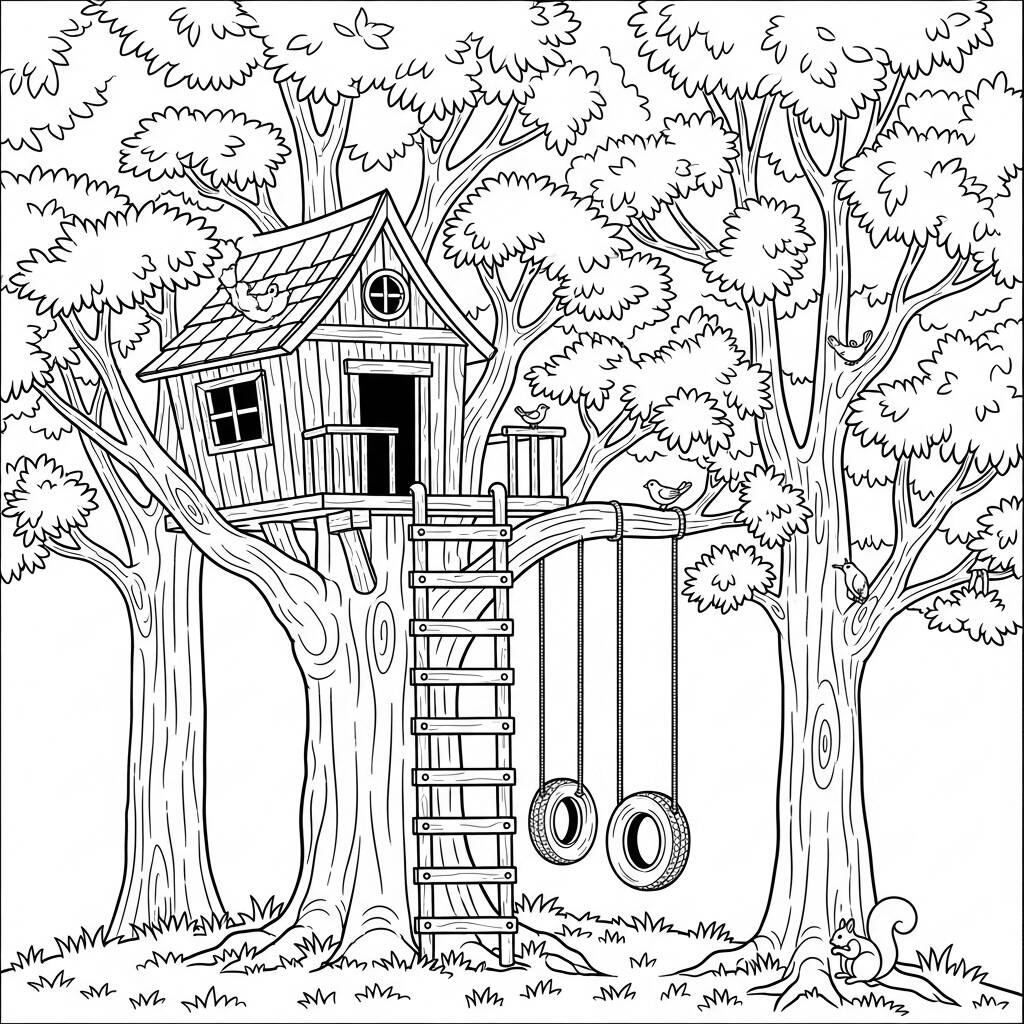 Casa em Arvore Aconchegante (Desenho para Colorir)