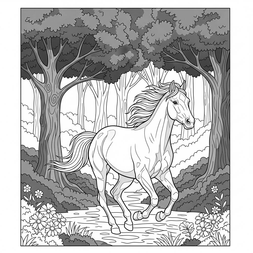 Cavalo Galopando na Floresta (Desenho para Colorir)