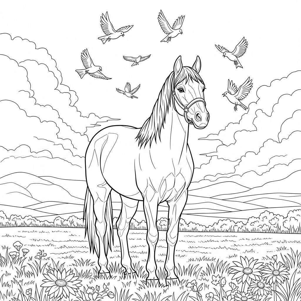Cavalo e Aves (Desenho para Colorir)