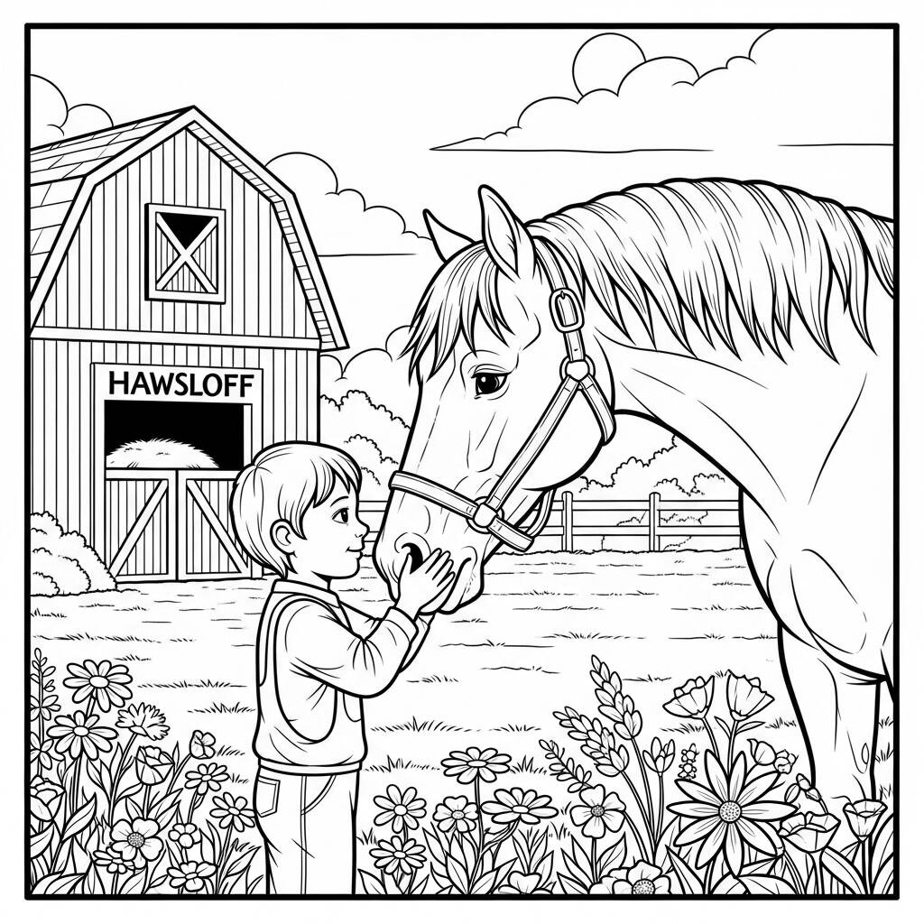 Cavalo e Crianca (Desenho para Colorir)