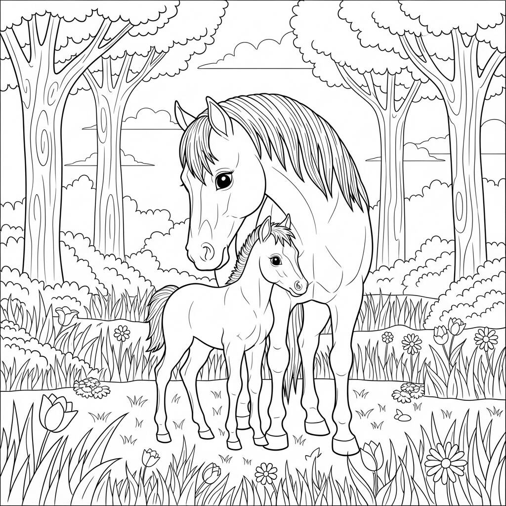 Cavalo e Filhote na Natureza (Desenho para Colorir)