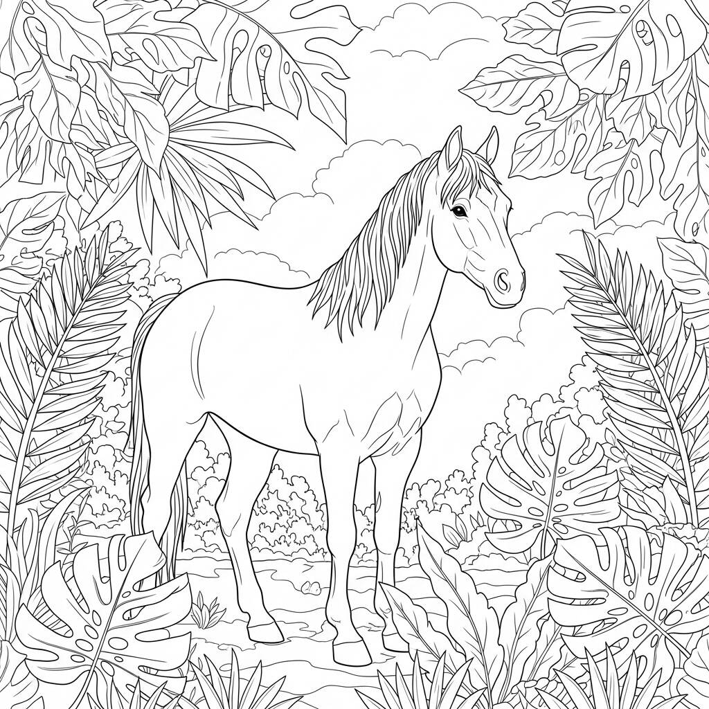 Cavalo e Folhagem (Desenho para Colorir)