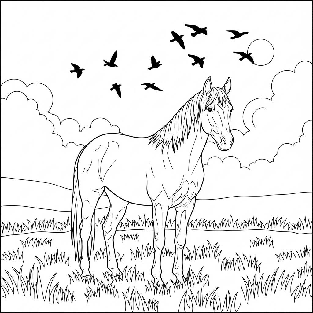 Cavalo e Passaros no Campo (Desenho para Colorir)