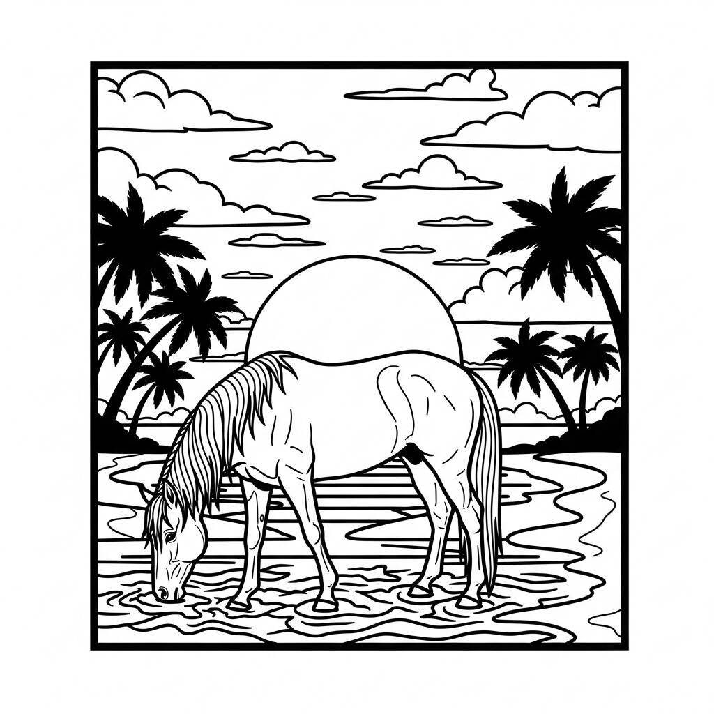 Cavalo na Praia ao Por do Sol (Desenho para Colorir)