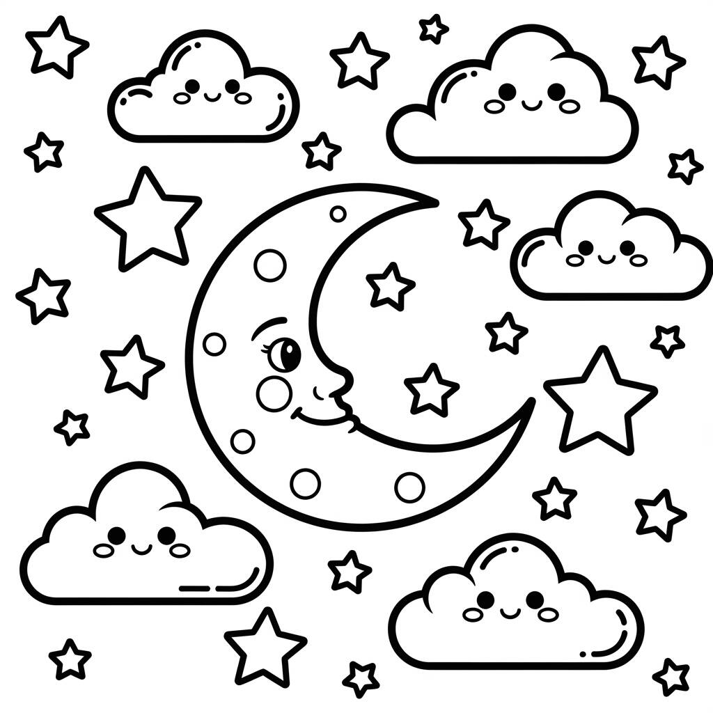 Ceu Noturno Kawaii (Desenho para Colorir)