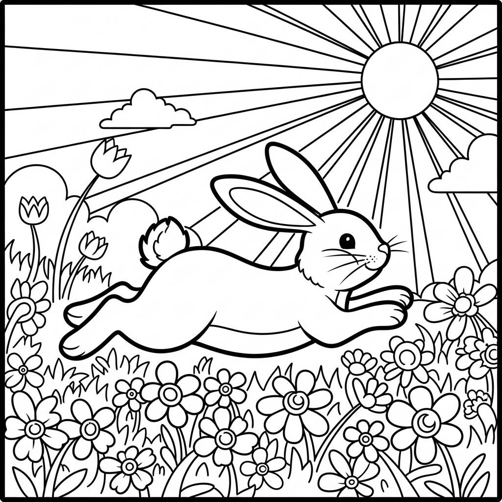 Coelho Alegre na Primavera (Desenho para Colorir)
