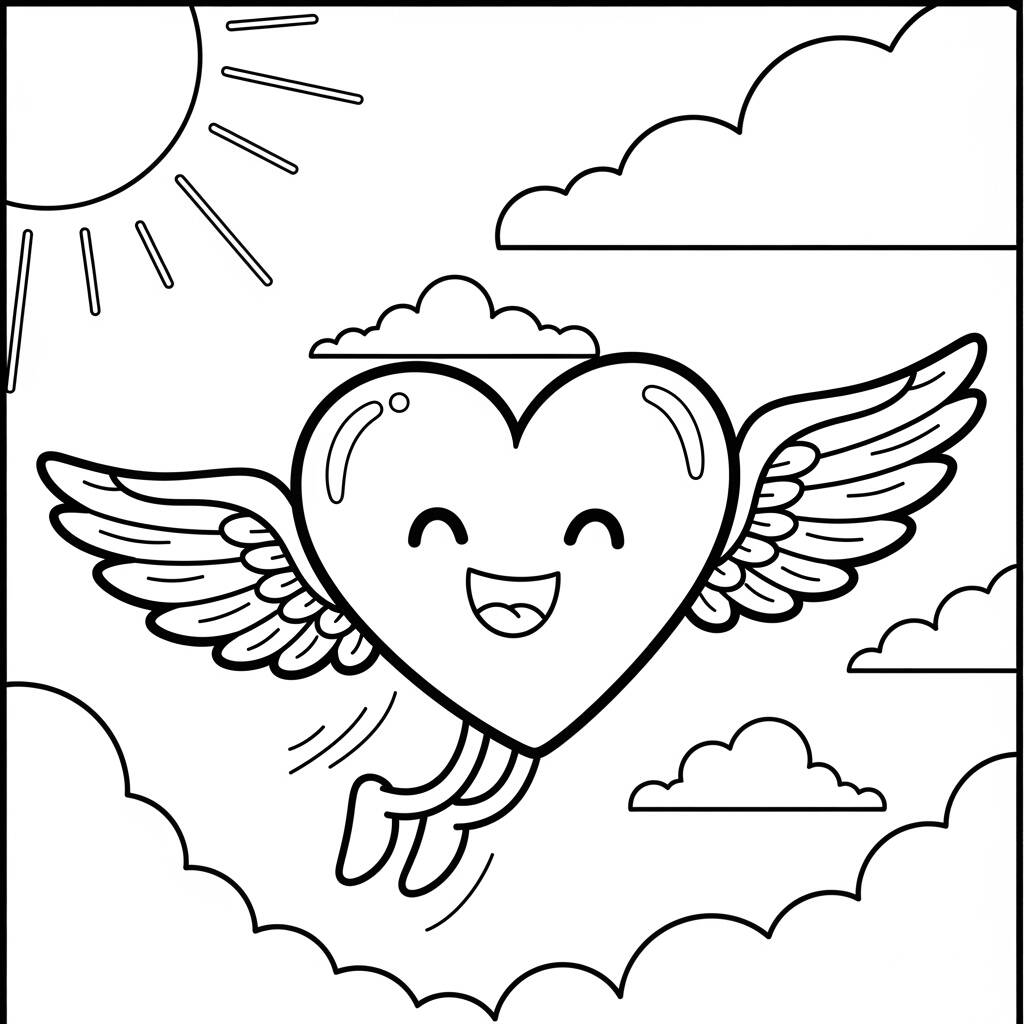 Coracao Kawaii Com Asas (Desenho para Colorir)
