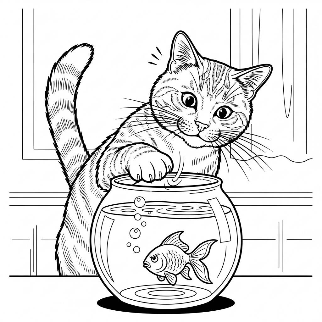 Gato e Peixe Brincando (Desenho para Colorir)