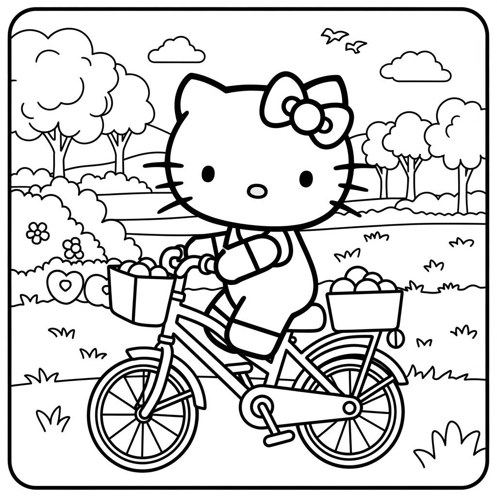 Hello Kitty andando de bicicleta (Desenho para Colorir)