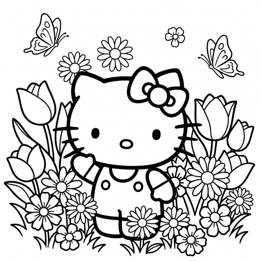 Hello Kitty no jardim de flores (Desenho para Colorir)