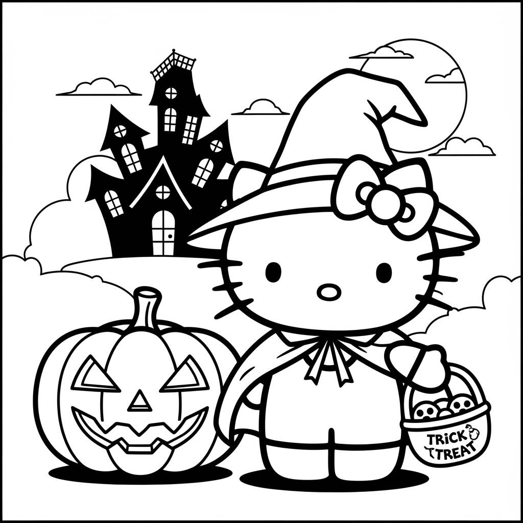 Hello Kitty vestida de Halloween (Desenho para Colorir)