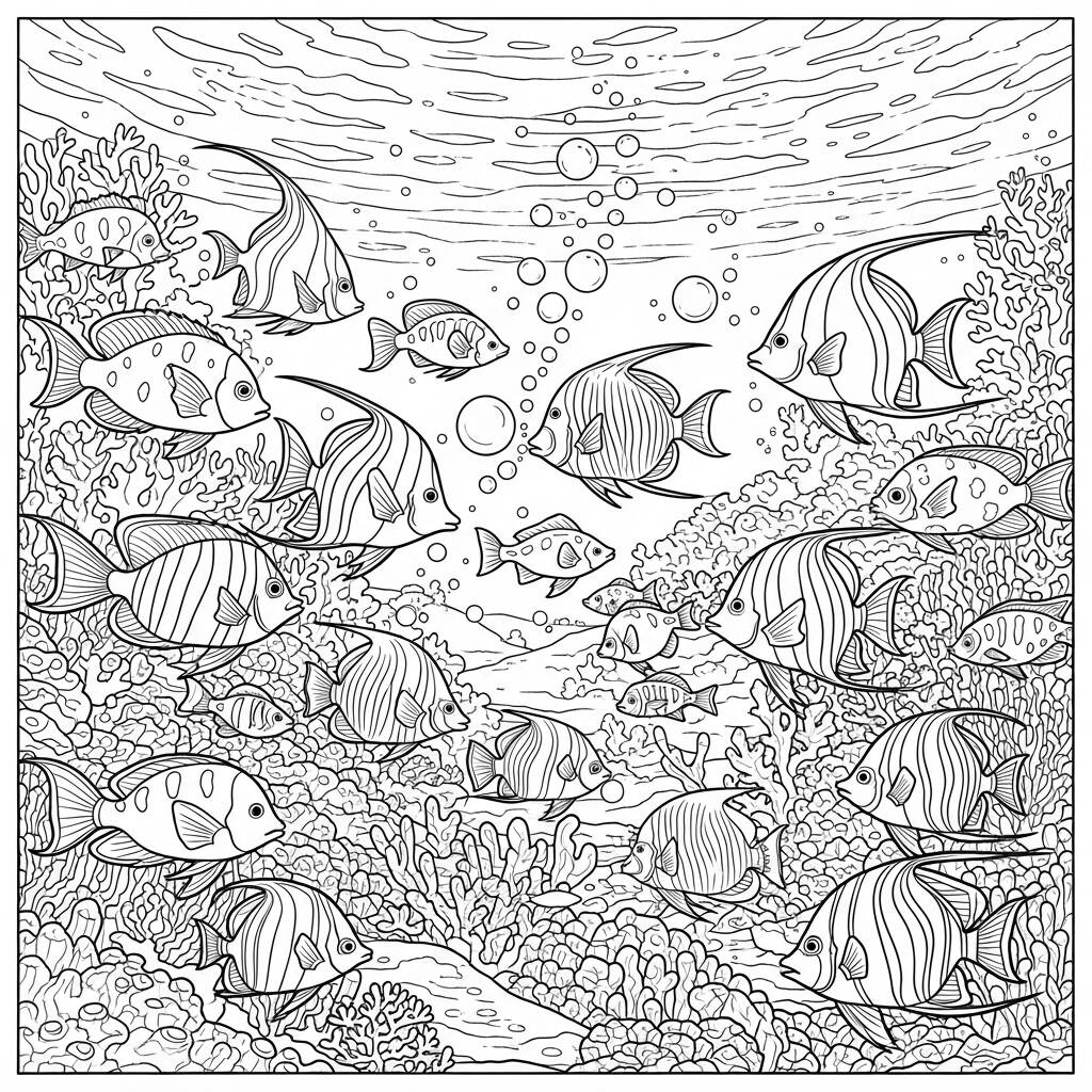 Peixinhos Coloridos no Mar (Desenho para Colorir)