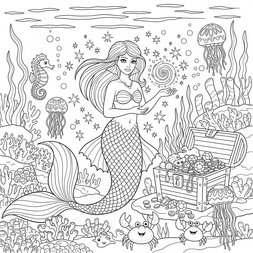 Sirena Mágica de Fantasía (Página para colorear)