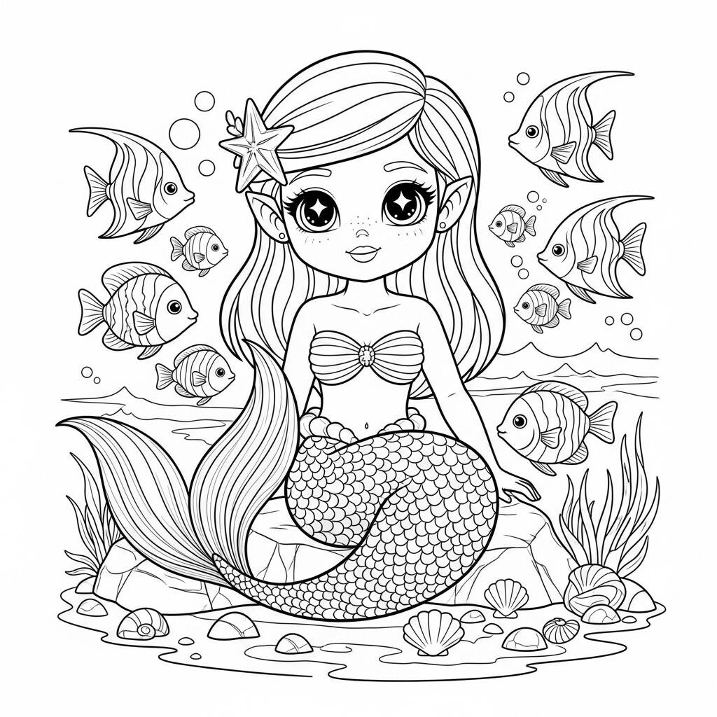 Linda Sirena Kawaii (Página para colorear)
