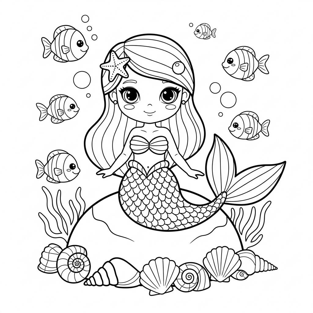 Linda Sirena Kawaii (Página para colorear)