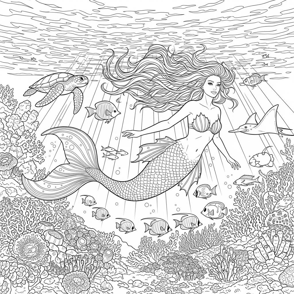 Sirena realista detallada (página para colorear)