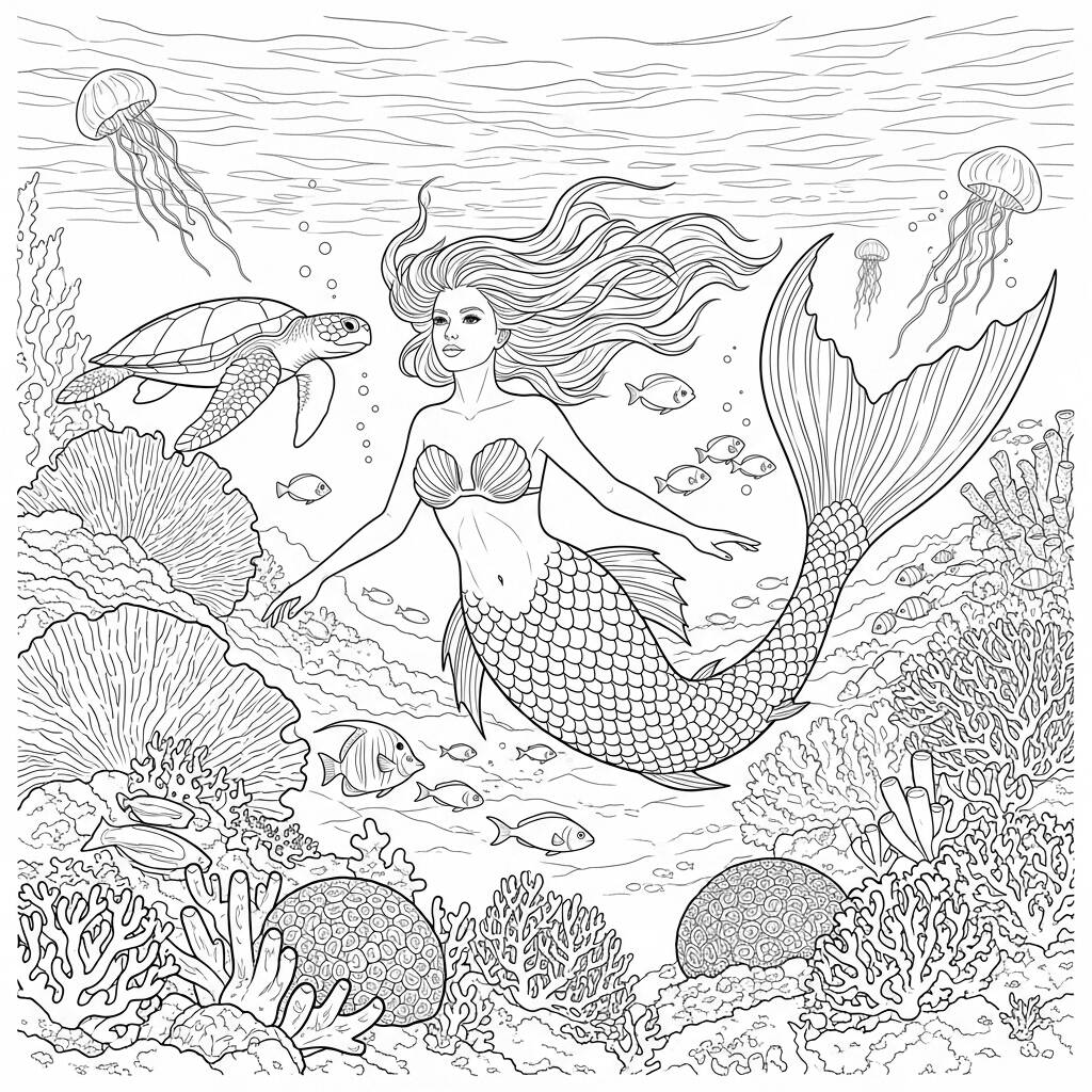 Sirena realista detallada (página para colorear)