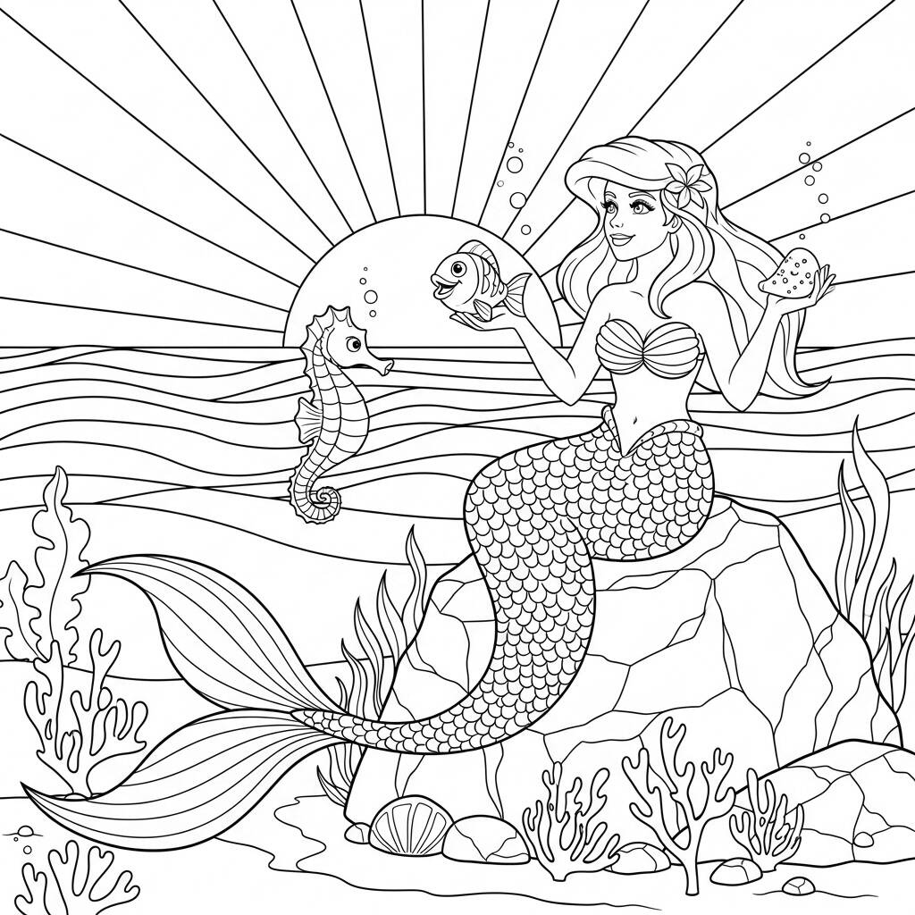 Sirena con mascotas (Página para colorear)