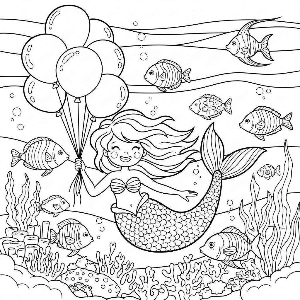 Sirena con Globos (Página para colorear)