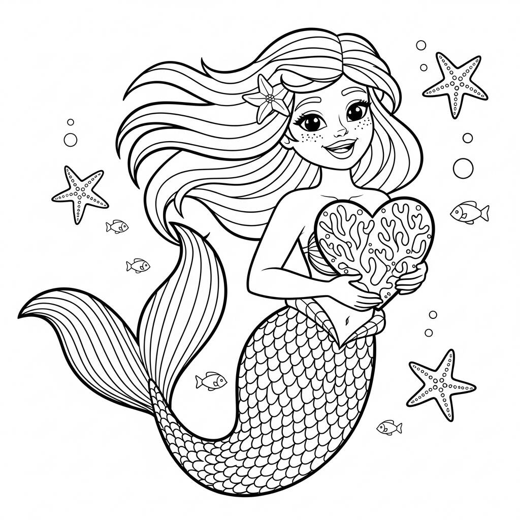 Sirena con Corazón (Página para colorear)