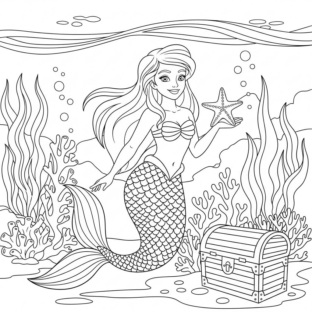 Sirena con estrella de mar (Página para colorear)