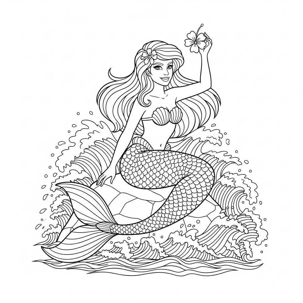 Sirena con flor (página para colorear)