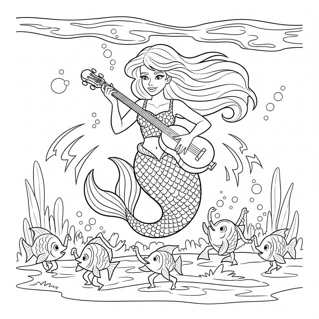 Sirena con música (página para colorear)