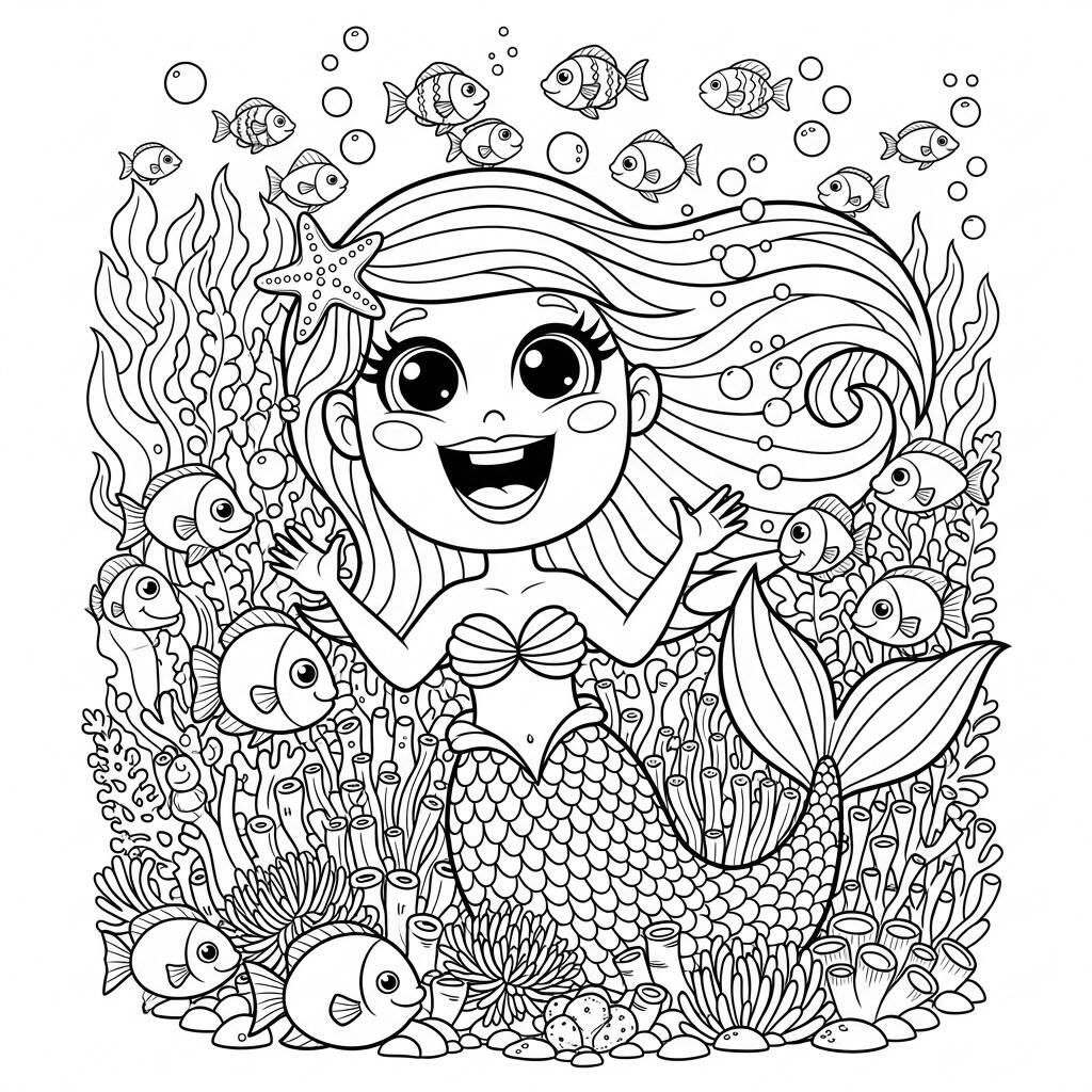 Sirena con ojos grandes (Página para colorear)