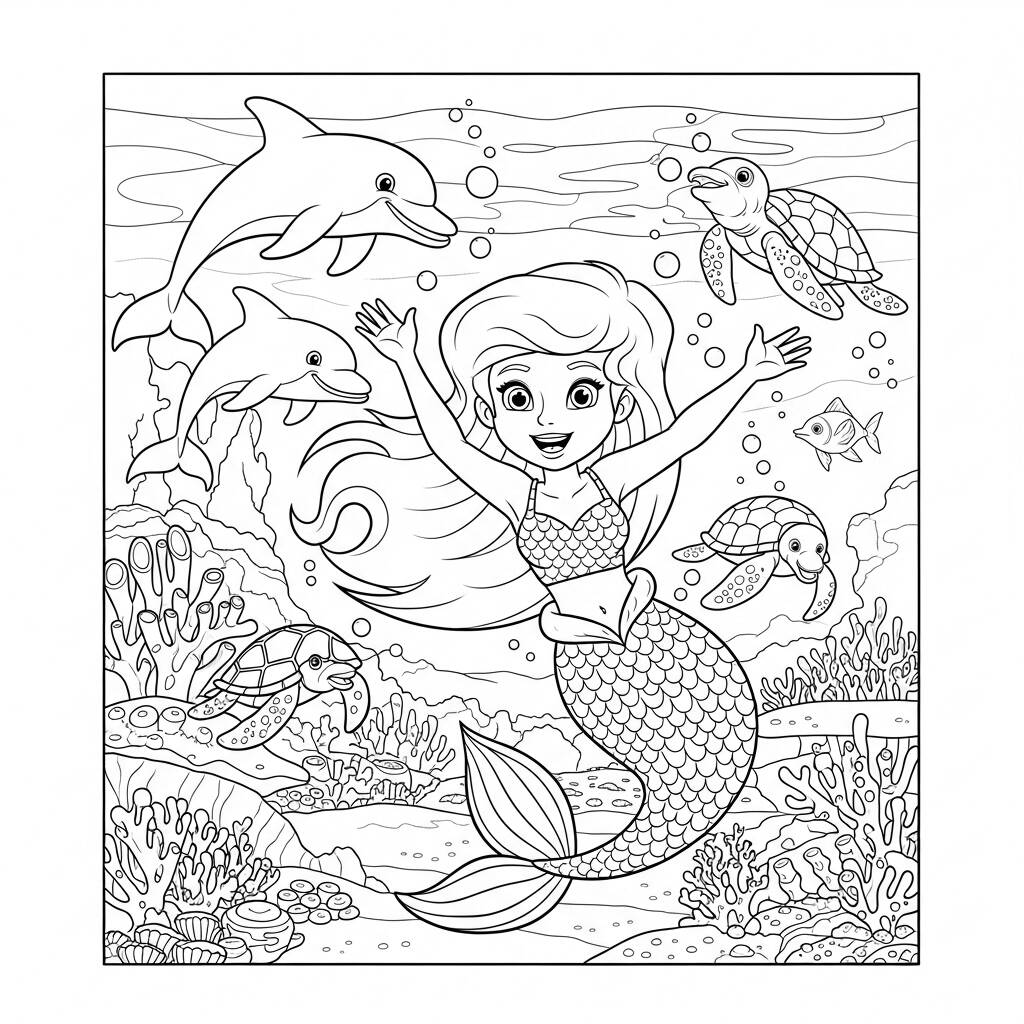 Sirena y amigos del mar (Página para colorear)