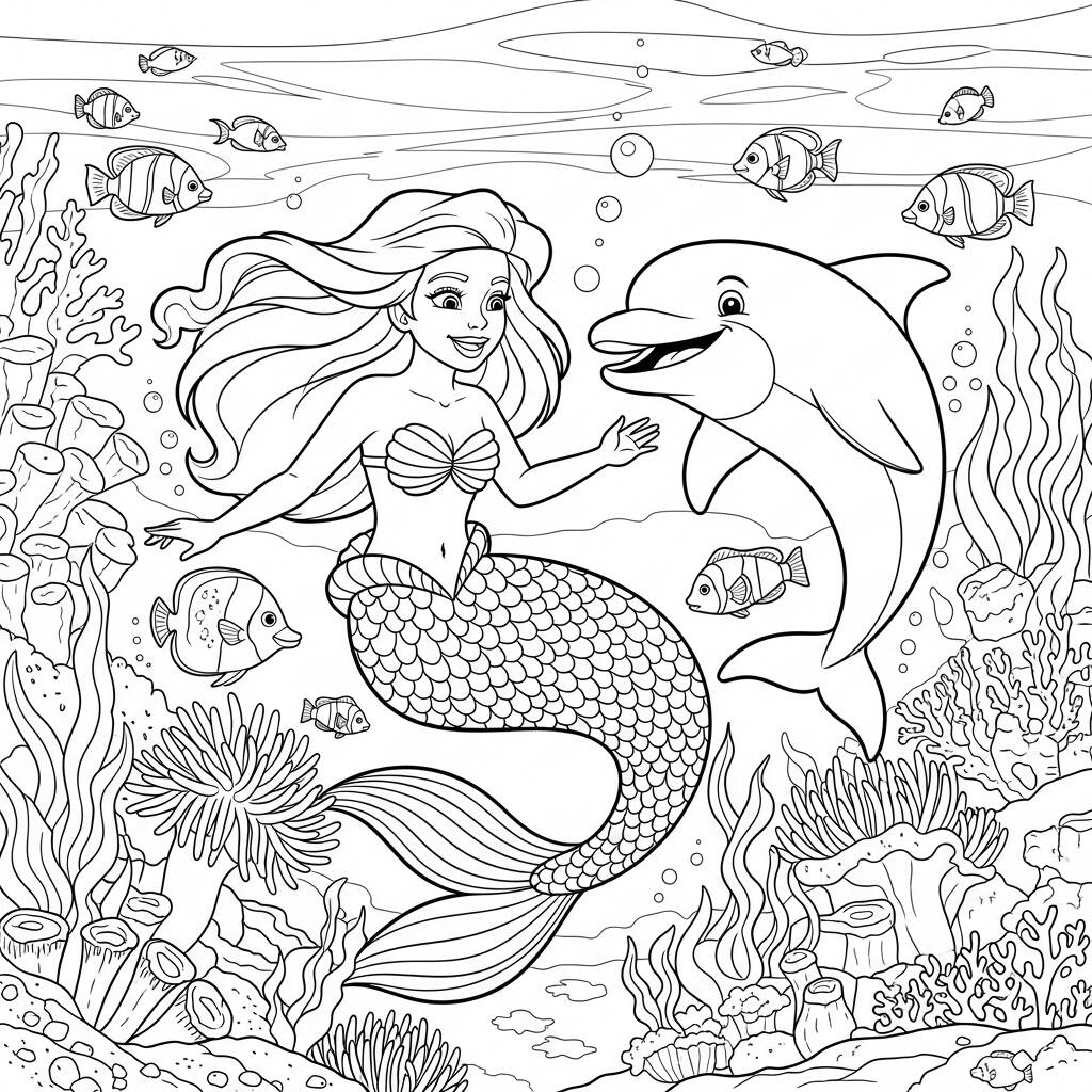 Amiga sirena y delfín (Página para colorear)