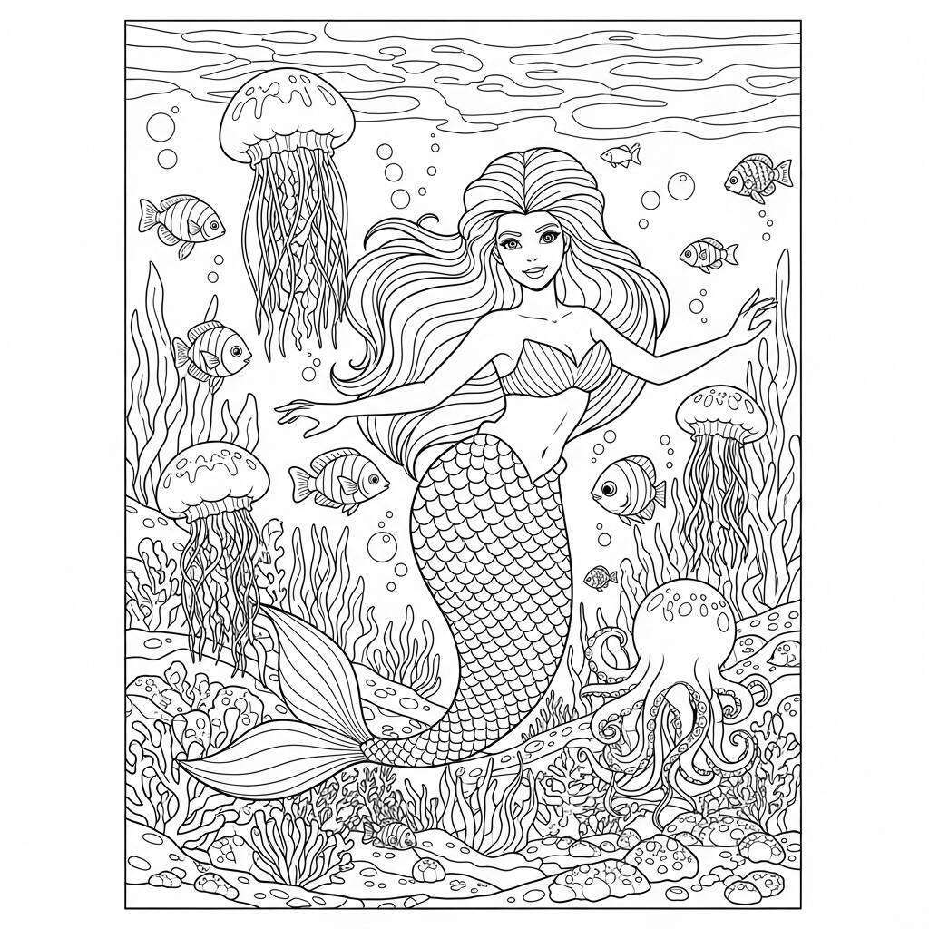 Sirena y animales marinos (página para colorear)