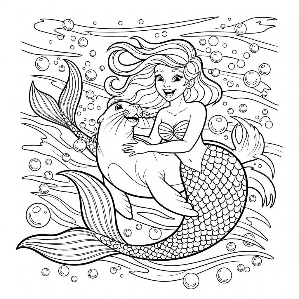 Sirena y lobo marino (Página para colorear)