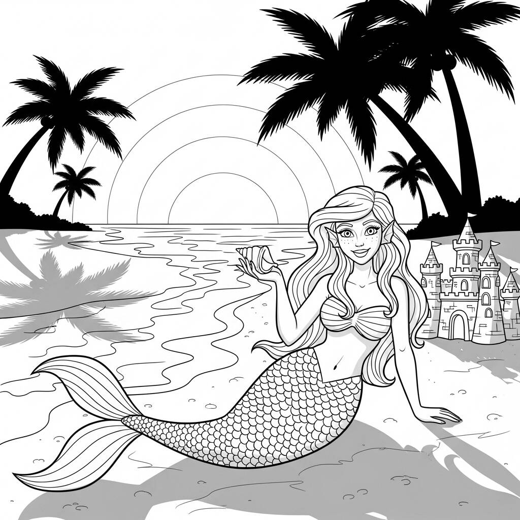 Sirena y playa tropical (página para colorear)