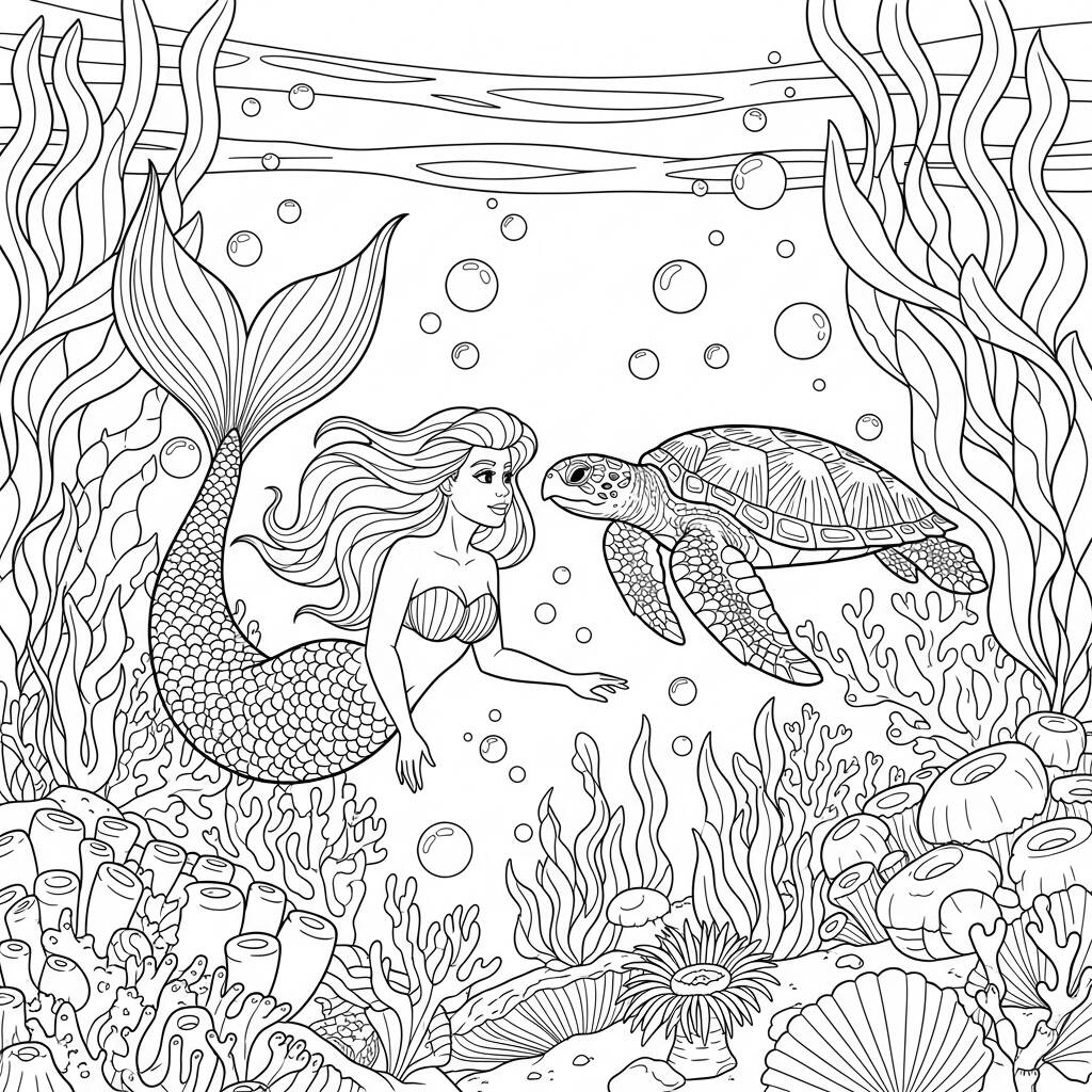 Sirena y tortuga marina (página para colorear)