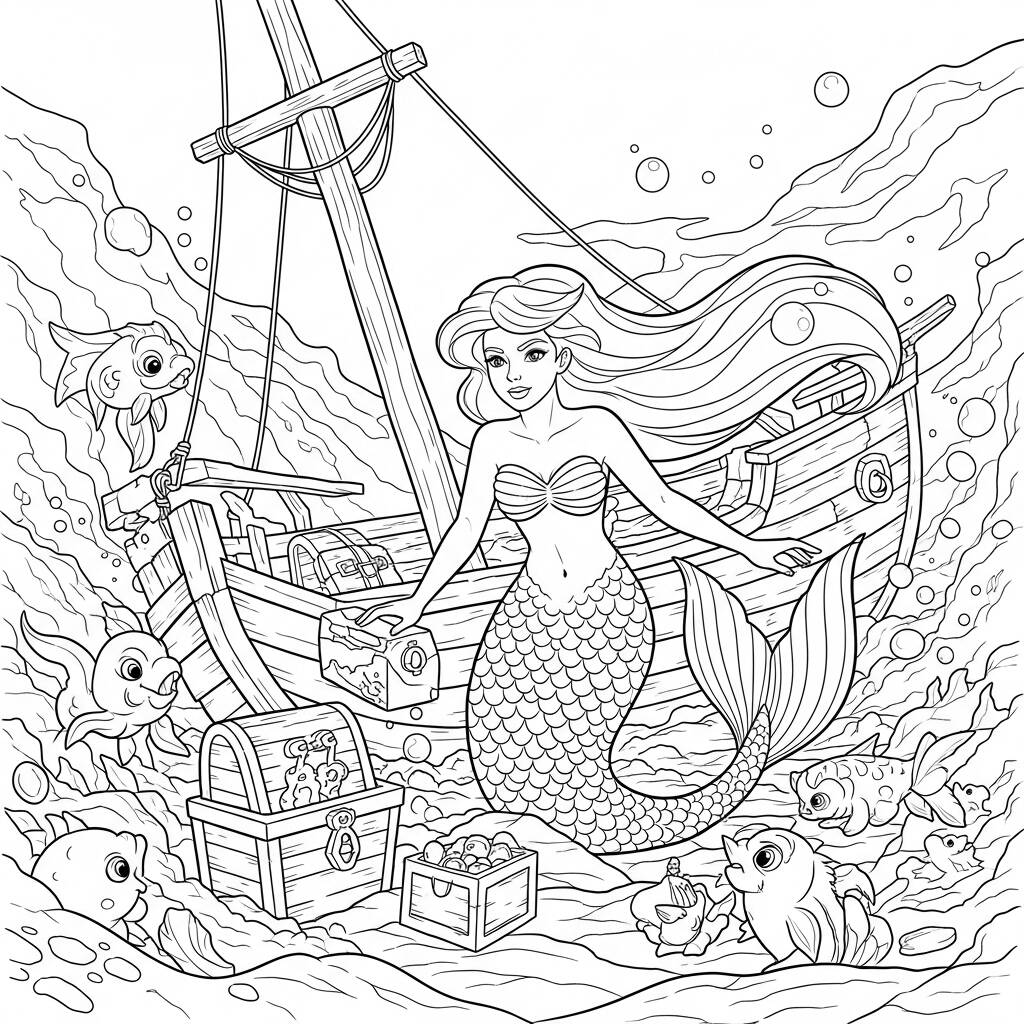 Sirena en Aventura (Página para colorear)