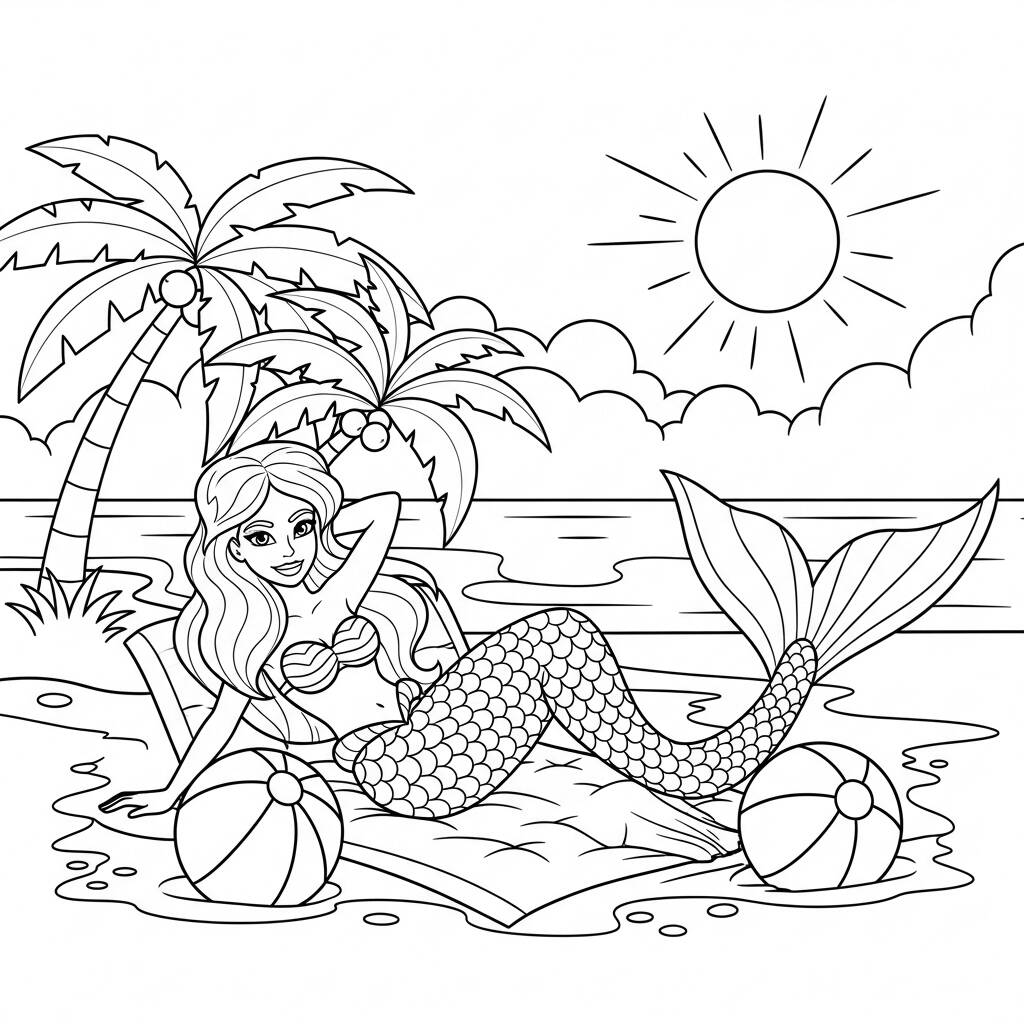 Sirena en el Día de la Playa (Página para colorear)