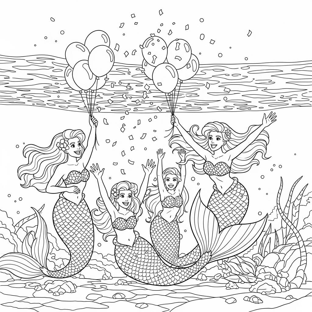 Sirena en una fiesta (Página para colorear)