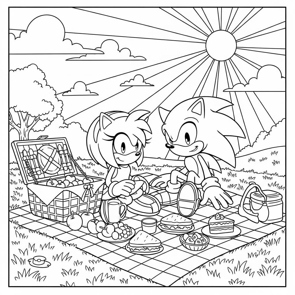 Sonic e Amy em um Piquenique (Desenho para Colorir)